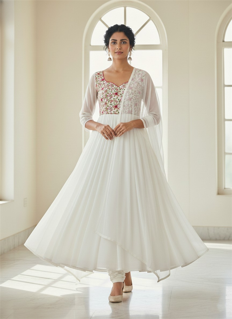 Elegant White Faux Georgette Anarkali Dress  Festive Wear
