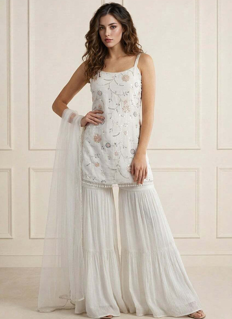 Elegant White Faux Georgette Embroidered Sharara Suit Festive Wear
