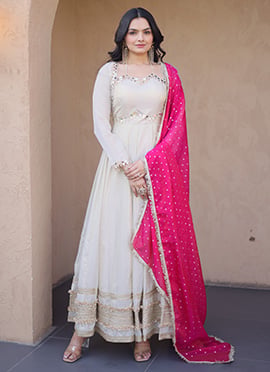 Elegant White Georgette Mirror Zari Embroidered Lace Work Anarkali Suit