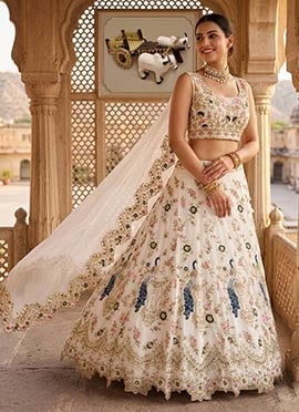 Elegant White Georgette Sequins Embroidered Cut Work Thread Umbrella Lehenga