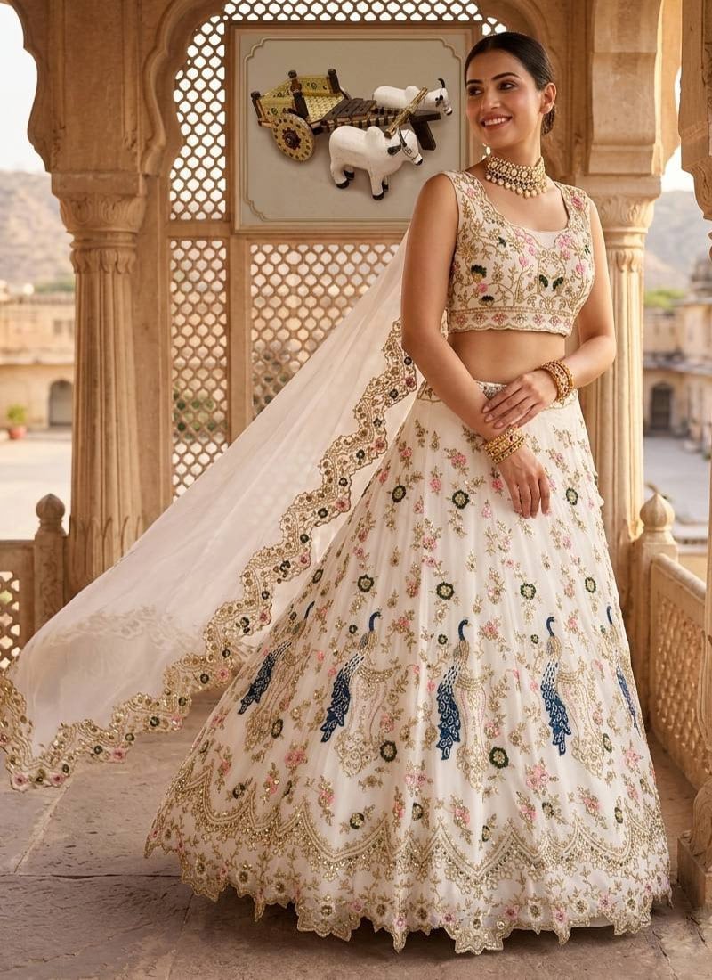 Elegant White Georgette Sequins Embroidered Cut Work Thread Umbrella Lehenga Wedding Wear