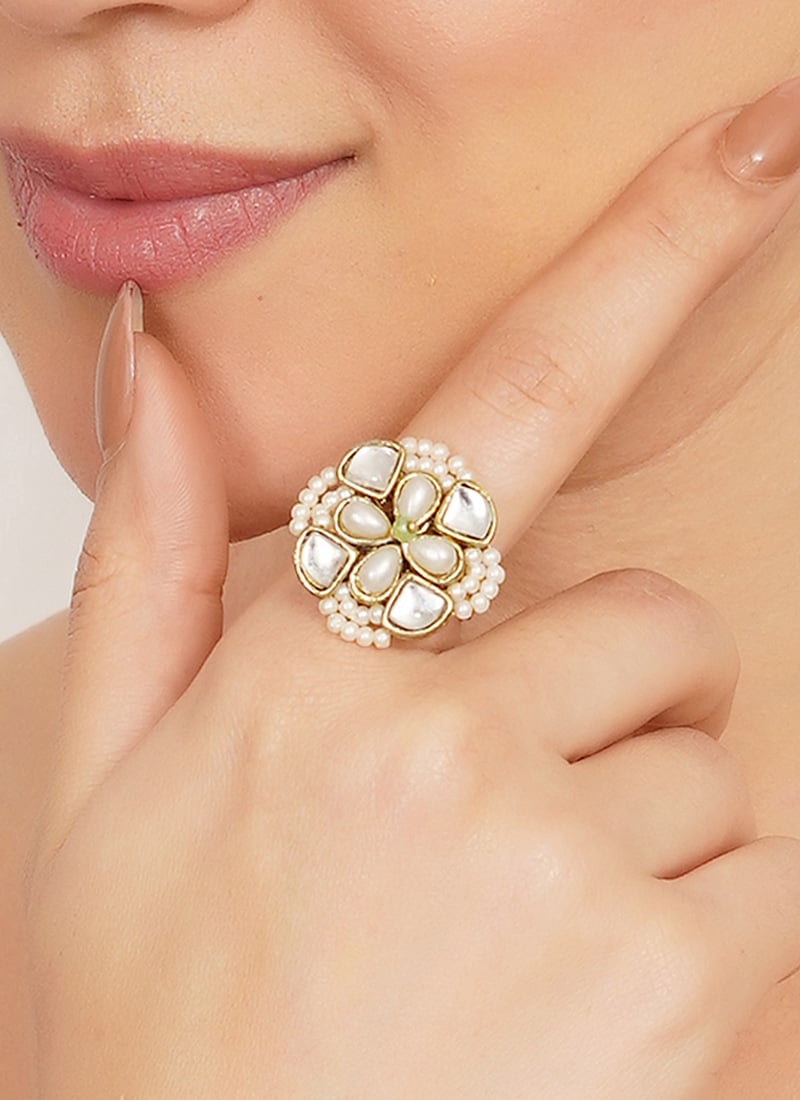 Elegant White Kundan Beads Ring Festive Wear