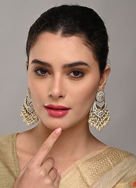 Elegant White Meenakari Kundan Pearl Chaand Bali