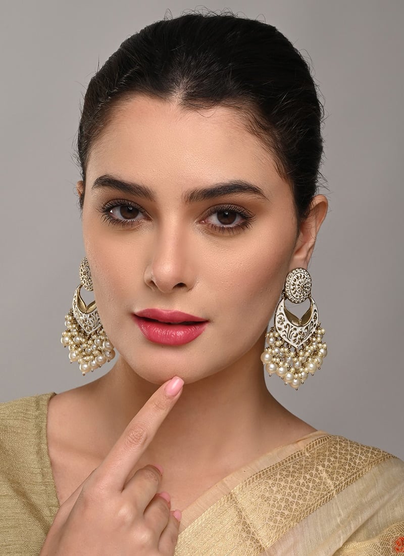 Elegant White Meenakari Kundan Pearl Chaand Bali Festive Wear