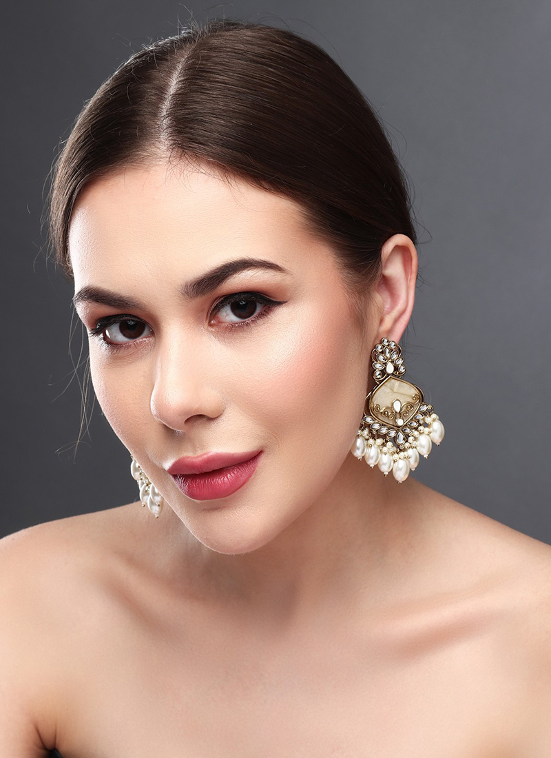 Elegant White Meenakari Kundan Pearl Chandeliers After Six Wear