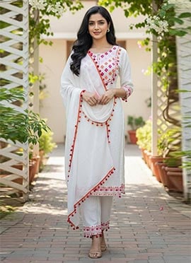 Elegant White Rayon Cotton Embroidered Mirror Work Straight Pant Suit