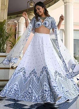 Elegant White Satin Zari Thread and Multiple Sequins Embroidered Umbrella Lehenga