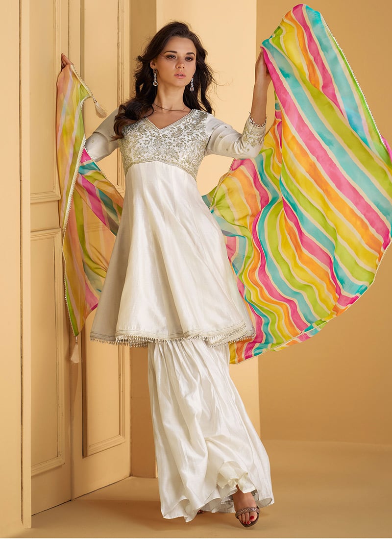 Elegant White Sharara Suit With Multicolor Dupatta In Silk Embroidered For Women Party Wear