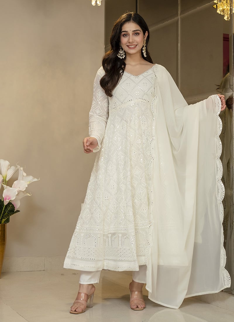 Elegant White Silk Embroidered Sequins Anarkali Suit After Six Wear