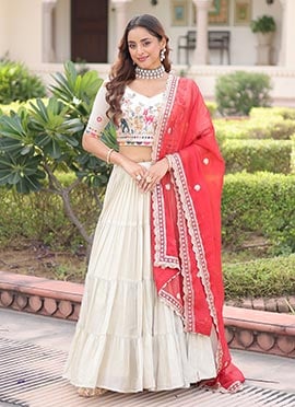 Elegant White Silk Embroidered Umbrella Lehenga