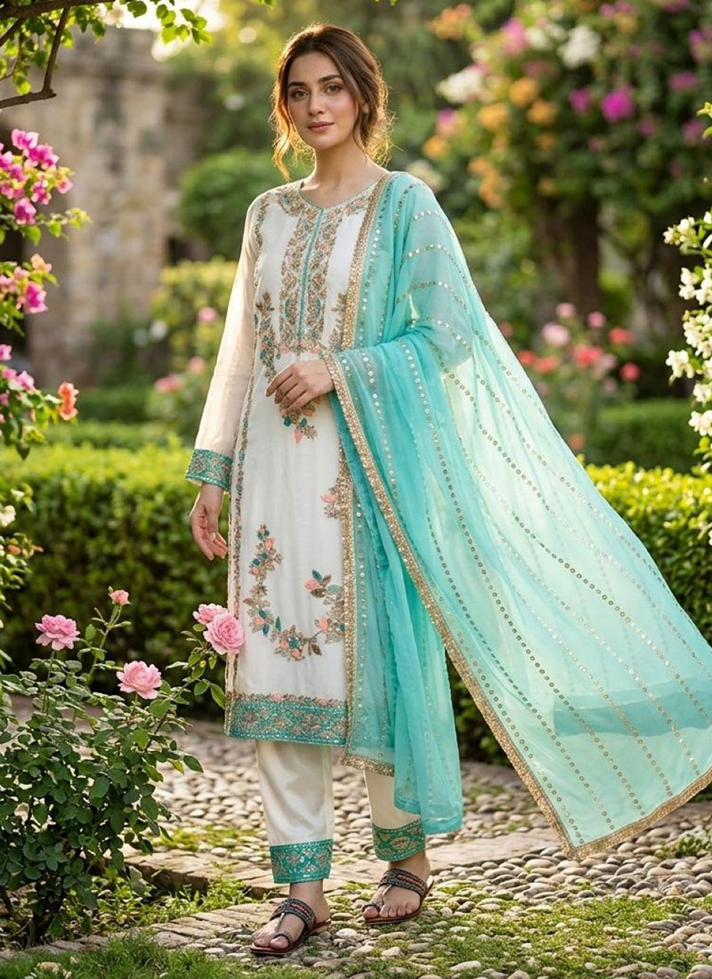 Elegant White Silk Sequins Embroidered Moti Straight Pant Suit Festive Wear
