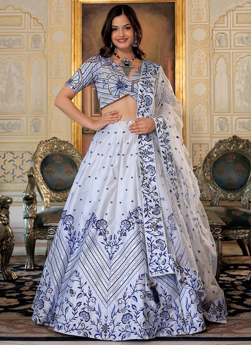 Elegant White Soft Net Embroidered Sequins Printed A Line Lehenga Wedding Wear