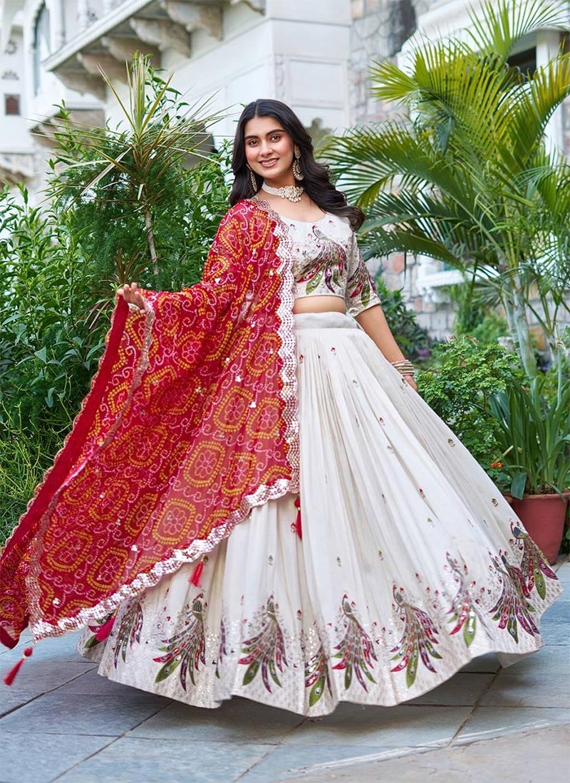 Elegant White Tissue Silk Sequins Lehenga With Bandhini Print Dupatta Festive Wear