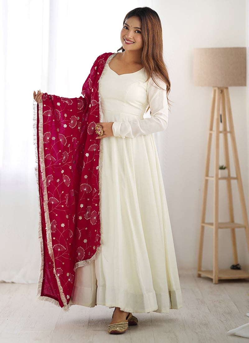 Elegant White Vichitra Silk Sequins Anarkali Suit Festive Wear