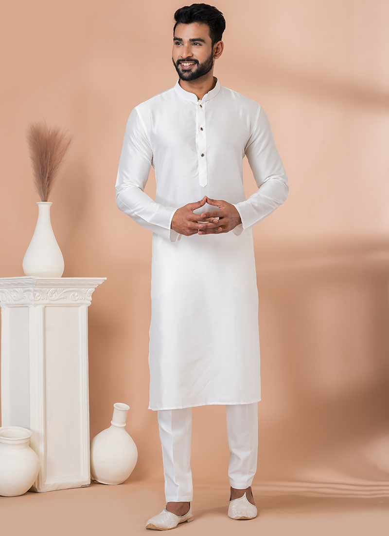 Elegant White Viscose Kurta Pyjama Festive Wear