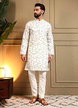 Elegant White Viscose Silk Embroidered Sequins Kurta Pyjama
