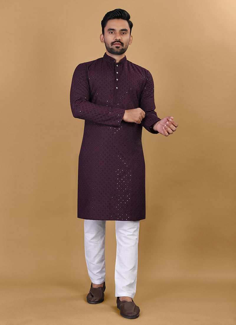 Elegant Wine Cotton Rayon Sequins Kurta Pyjama Festive Wear