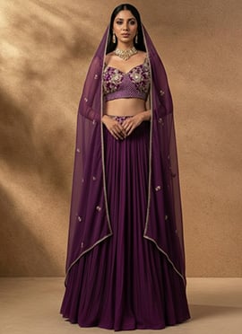 Elegant Wine Faux Georgette Beads Hand Embroidered Umbrella Lehenga