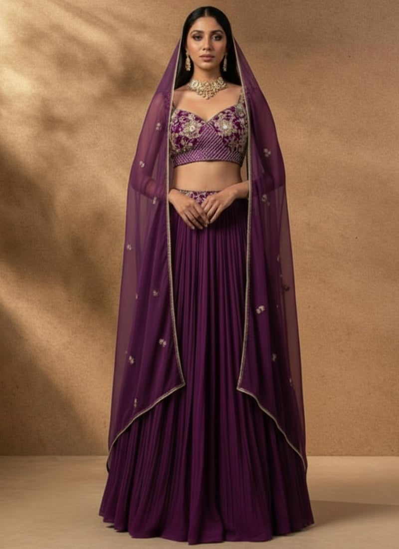 Elegant Wine Faux Georgette Beads Hand Embroidered Umbrella Lehenga Wedding Wear