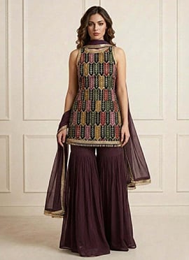 Elegant Wine Faux Georgette Embroidered Sharara Suit