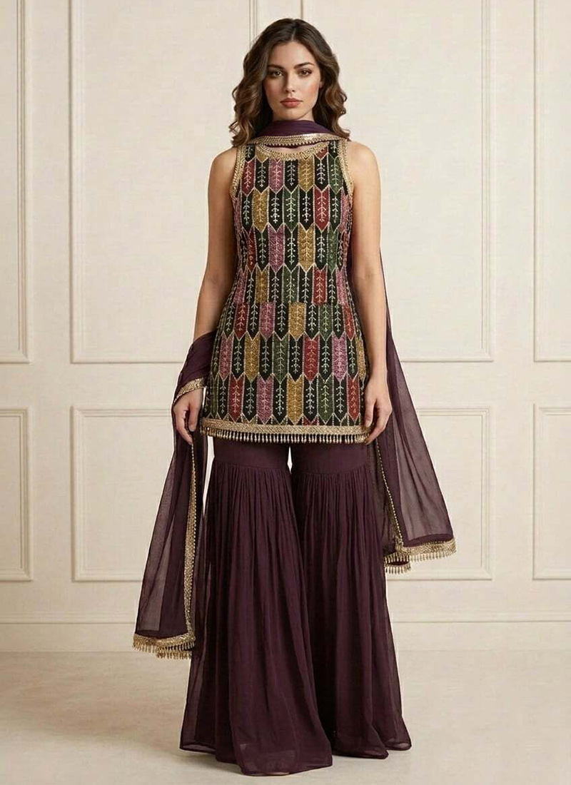 Elegant Wine Faux Georgette Embroidered Sharara Suit Festive Wear