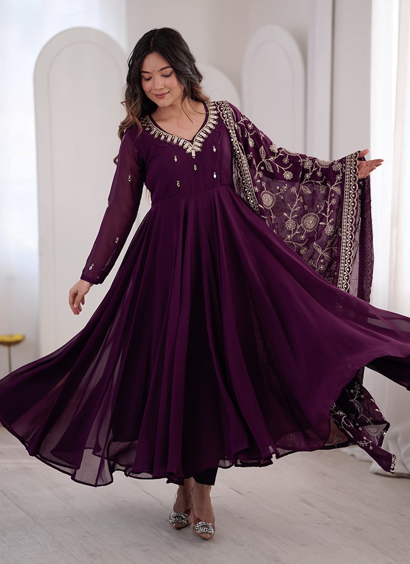 Elegant Wine Faux Georgette Mirror Work Anarkali Suit Festive Wear
