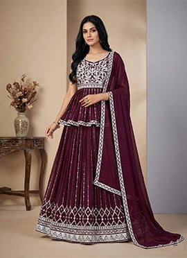 Elegant Wine Faux Georgette Sequins Thread A Line Lehenga