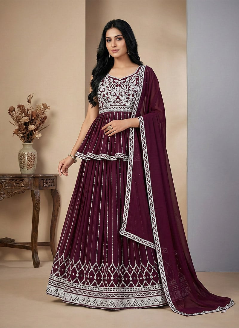 Elegant Wine Faux Georgette Sequins Thread A Line Lehenga Festive Wear