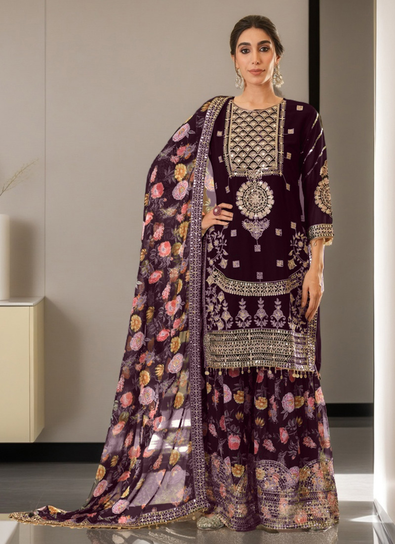Elegant Wine Georgette Digital Print Zari Sequins Sharara Suit Festive Wear