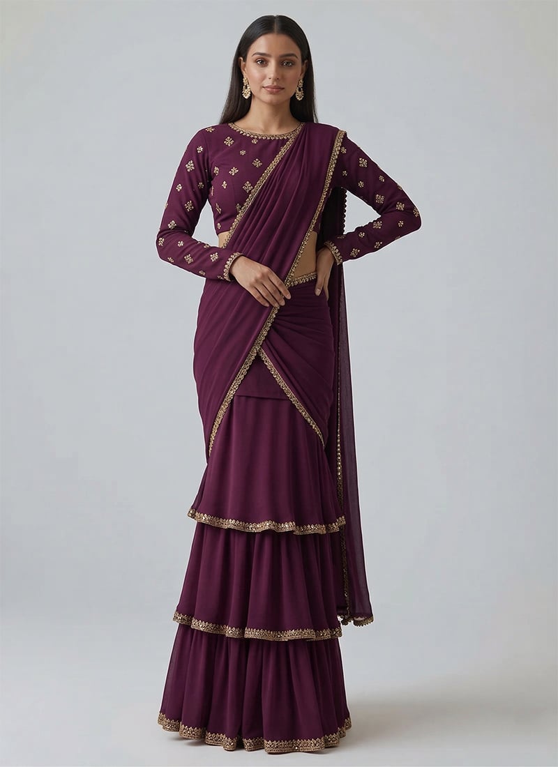 Elegant Wine Georgette Embroidered Sequins Lehenga Saree Festive Wear