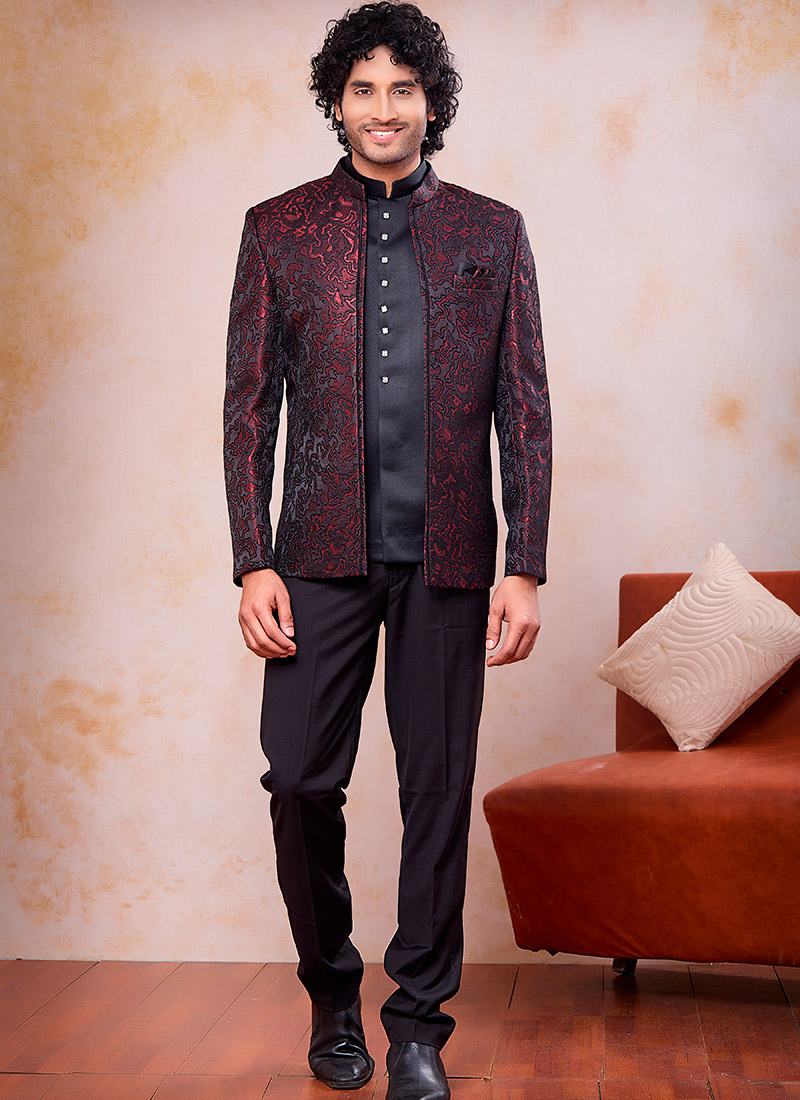 Elegant Wine Jacquard Silk Bandhgala Jacket
