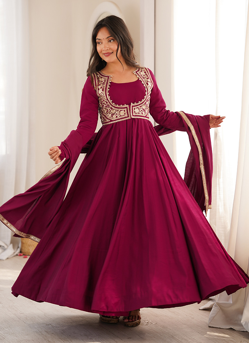 Elegant Wine Silk Embroidered Anarkali Suit After Six Wear