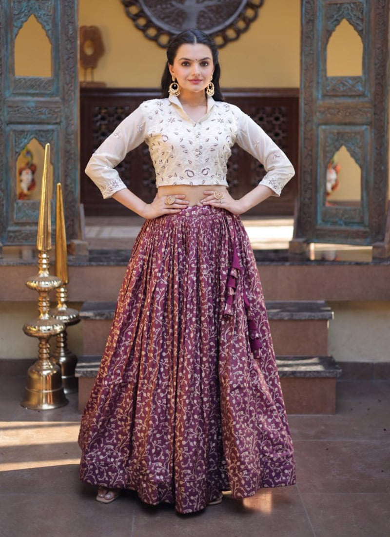 Elegant Wine Silk Embroidered Beads Skirt Set Festive Wear