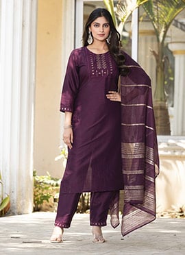 Elegant Wine Silk Embroidered Straight Pant Suit