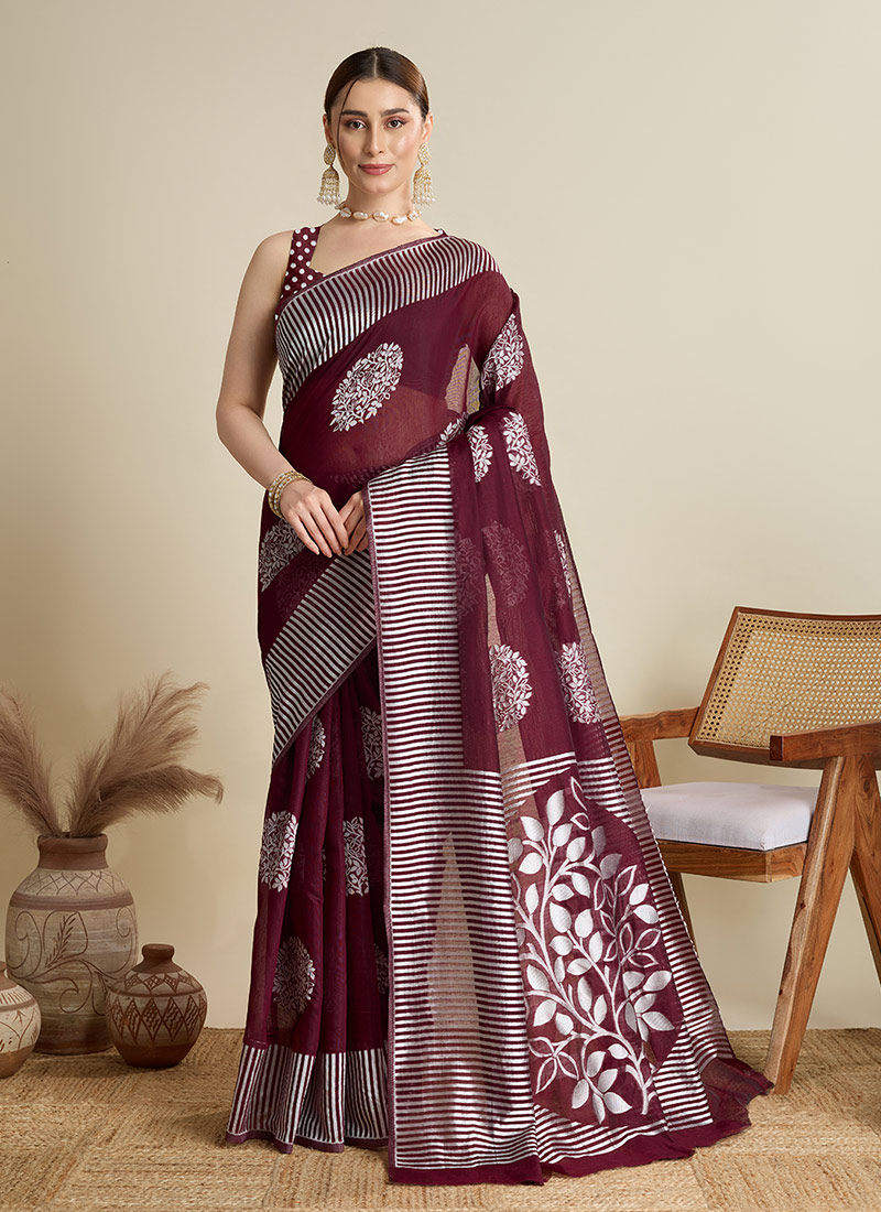 Elegant Wine Silk Zari Saree Festive Wear