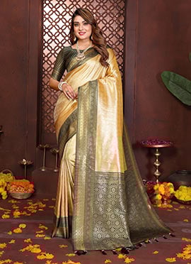 Elegant Yellow Banarasi Tissue Silk Jacquard Zari Woven Saree