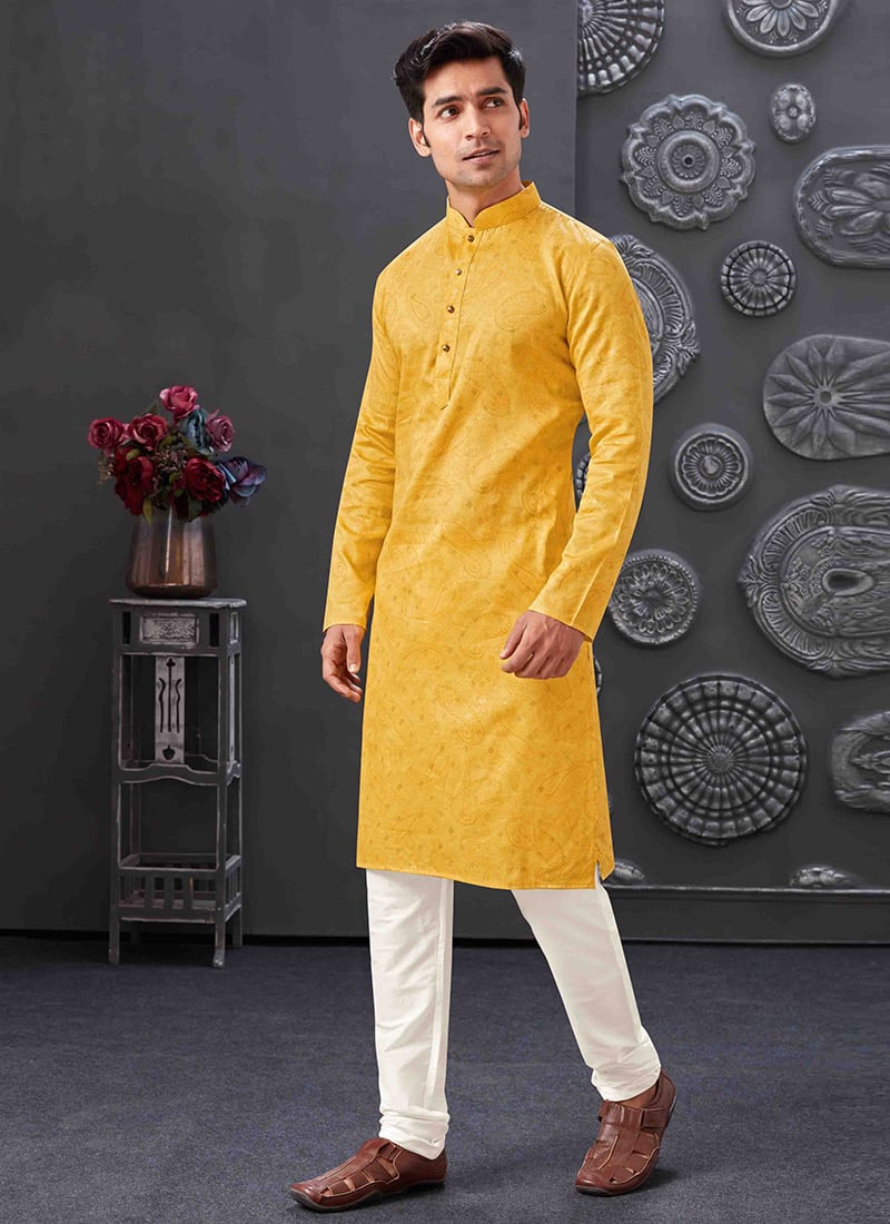 Elegant Yellow Blend Printed Kurta Pyjama