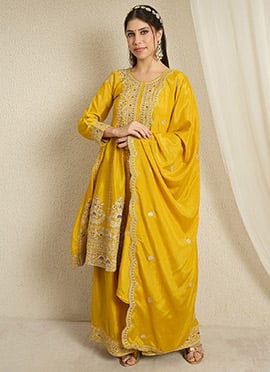 Elegant Yellow Chinon Embroidered Sequins Palazzo Suit
