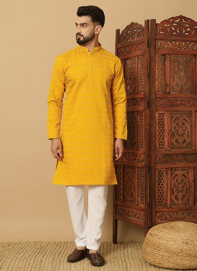 Elegant Yellow Cotton Blend Sequins Thread Kurta Pyjama Festive Wear
