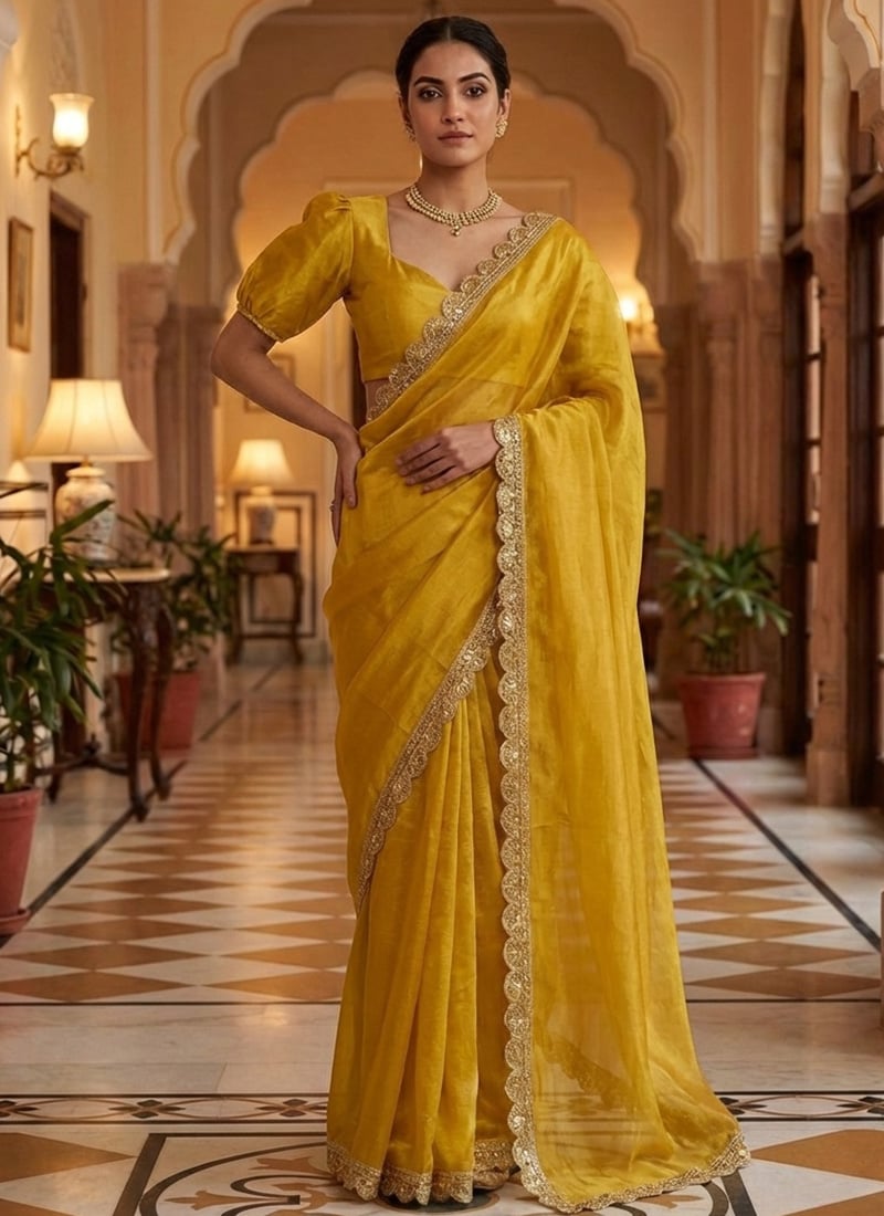 Elegant Yellow Fendy Silk Ready Lace Saree Festive Wear