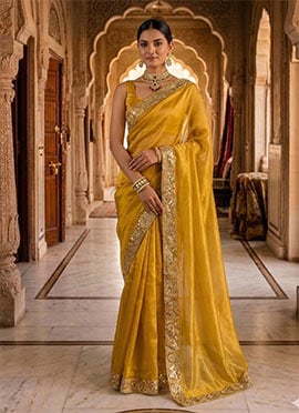 Elegant Yellow Fendy Silk Ready Lace Work Saree