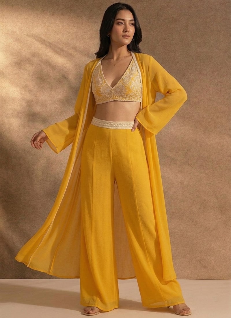 Elegant Yellow Georgette Zari Resham Beads Indowestern Set Wedding Wear