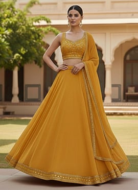Elegant Yellow Georgette Zari Sequins Hand Embroidered Umbrella Lehenga