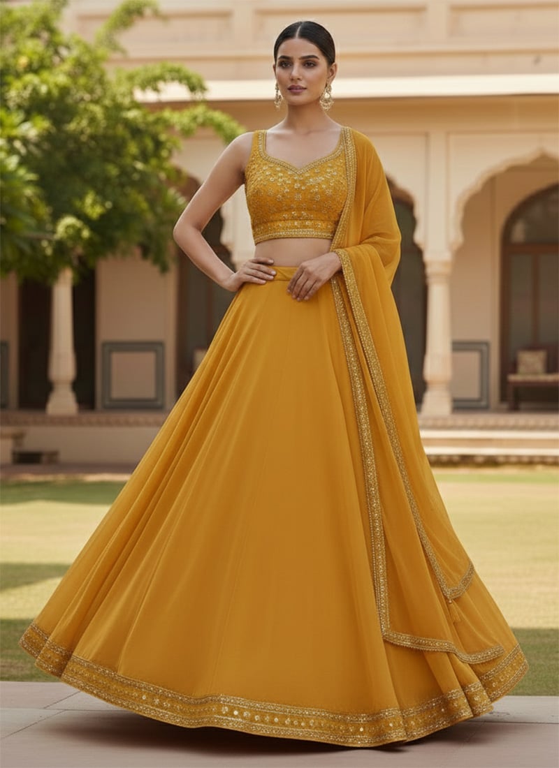 Elegant Yellow Georgette Zari Sequins Hand Embroidered Umbrella Lehenga Wedding Wear