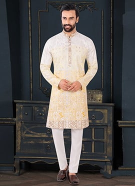 Elegant Yellow Jacquard Silk Embroidered Sequins Kurta Pyjama