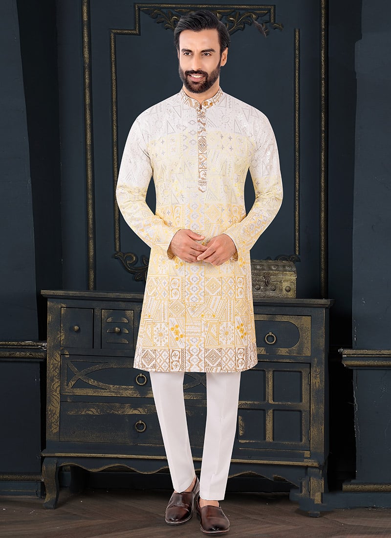 Elegant Yellow Jacquard Silk Embroidered Sequins Kurta Pyjama   Festive Wear