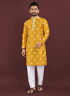 Elegant Yellow Mono Silk Embroidered Sequins Kurta Pyjama