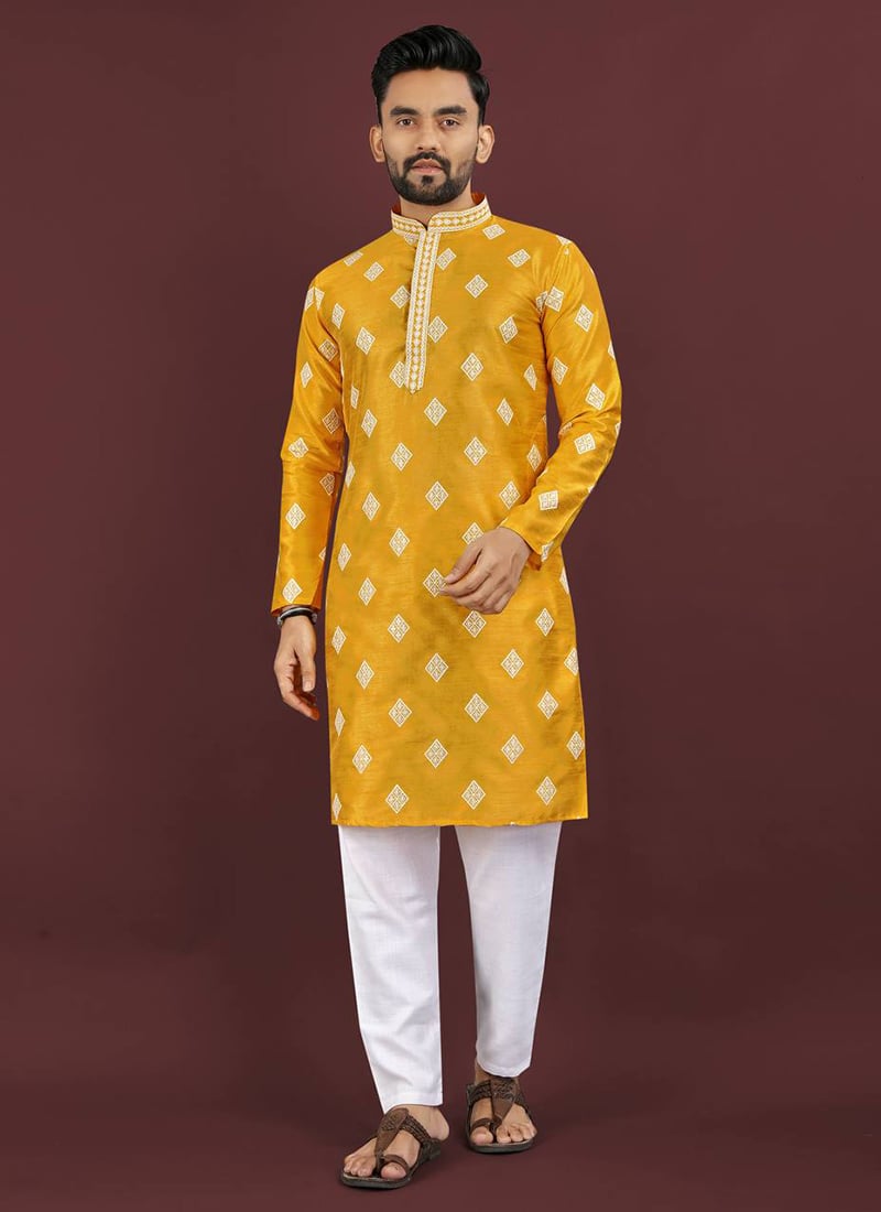 Elegant Yellow Mono Silk Embroidered Sequins Kurta Pyjama   Festive Wear