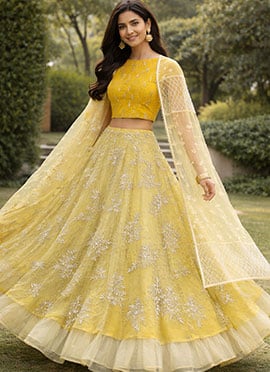 Elegant Yellow Net Embroidered Umbrella Lehenga