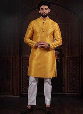 Elegant Yellow Silk Woven Designer Kurta Pyjama